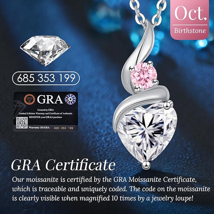 Moissanite Heart Pendant Necklaces for Women，925 Sterling Silver Gold Plating Necklace with Birthstone，Ideal Anniversary Present or Birthday Christmas Valentine Engagements Mothers Day Jewelry Gifts for Mom Wife Her Girlfriend