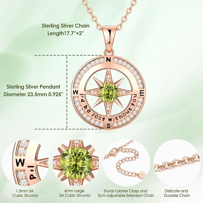 Compass Necklace Gifts for Women wife - S925 Sterling Silver Birthstone Necklaces for Women - Anniversary Birthday Gifts for Her Wife Girlfriend - Valentines Mom Mothers Day Christmas Gifts Jewelry for Women