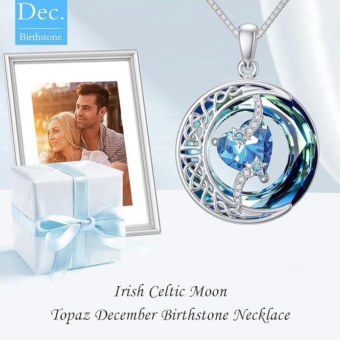 TOUPOP Birthstone Necklace 925 Sterling Silver Moon and Star Pendant with Blue Crystal Celtic Moon Jewelry Birthday Christmas Gifts for Women Mom Wife Her Daughter