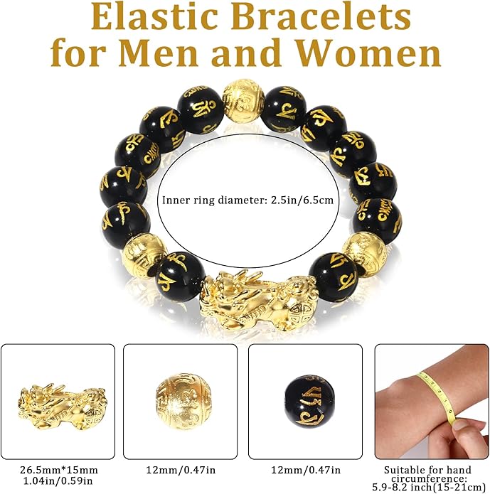 Feng Shui Bracelet Obsidian Bracelet, 24k Gold Plated PiXiu Dragon Protection for Men Women, 12mm Mantra Prayer Beads Bracelets Meditation Decompression Meaning to Attract Wealth, Good Luck