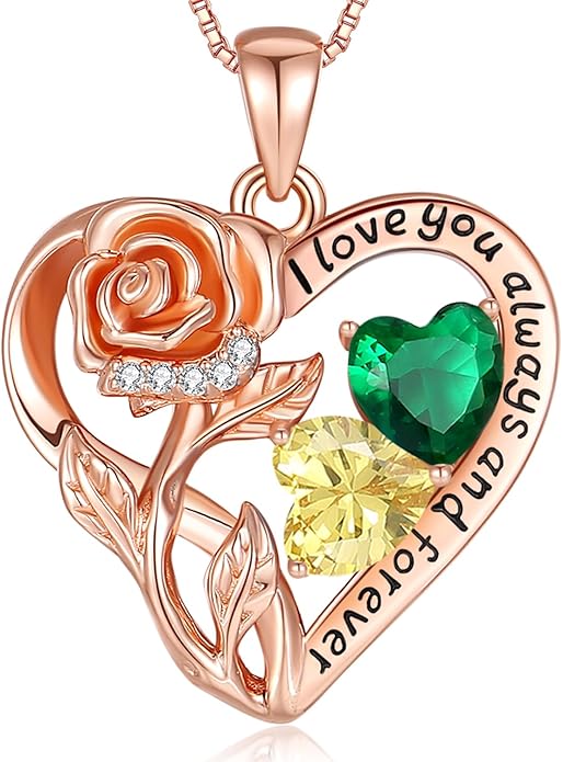 925 Sterling Silver Double Birthstone Rose Flower Heart Jewelry Necklaces for Women Anniversary Love Forever Necklaces for Her Birthday Gifts for Wife Girlfriend Mom Mothers Day Rose Gold