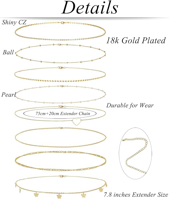 Tornito 8Pcs Waist Belly Chain 18K Gold Plated CZ Heart Pearl Snake Bead Sequin Paperclip Belly Chain Summer Beach Sexy Body Chains Jewelry Accessories for Women Adjustable