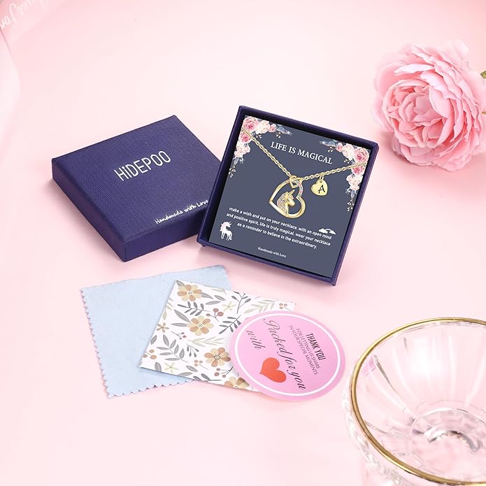 Hidepoo Unicorn Necklace Gifts for Girls Daughter - Colorful CZ Heart Pendant Initial Unicorn Necklaces for Girl Teens Little Girls Jewelry Birthday Gift