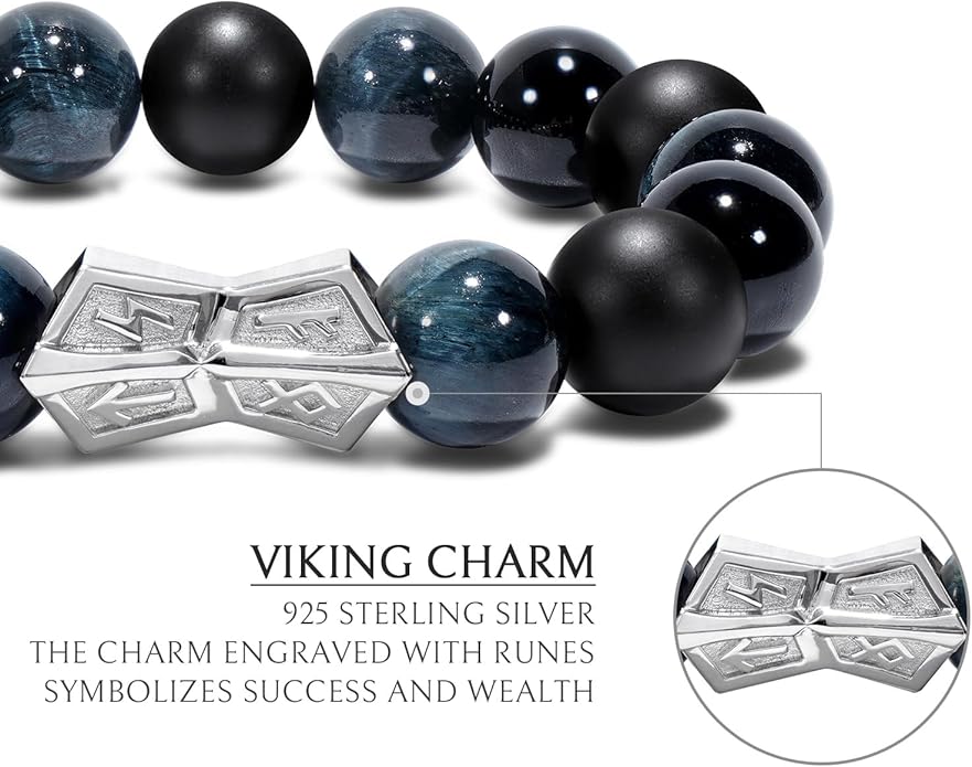 AWNL® Men's Beaded Bracelet with Sterling Silver Engraved Runes Charm 12mm Bronzite Dumortierite Obsidian Natural Gemstone Gift for Men, 6.1''-7.9''