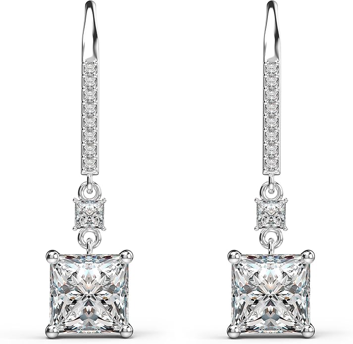 18K White Gold Plated Sterling Silver Square Princess Cut Cubic Zirconia Dangle Earrings for Women Square CZ Diamond Drop Dangling Earrings for Women Mom Hypoallergenic