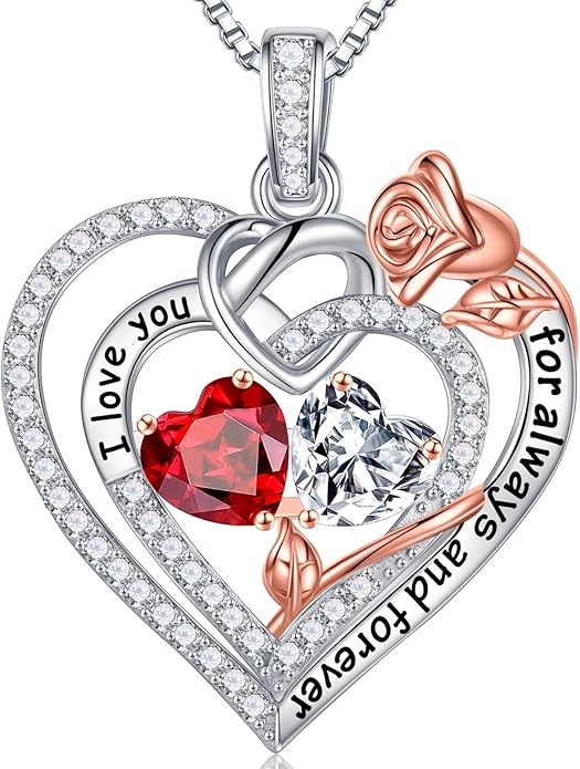 Iefil Rose Heart Necklace Gifts for Wife Women - 925 Sterling Silver Double Birthstone Necklace, Anniversary Birthday Gifts for Women, Jewelry Gift for Wife Girlfriend Mom Her