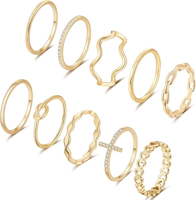 ZOERAY 10PCS 14K Gold Plated Stacking Rings for Women Thumb Stackable Knuckle Band Rings Plain Twist Thin Joint Finger Wedding Gold Ring Set for Women Size 4 to 11