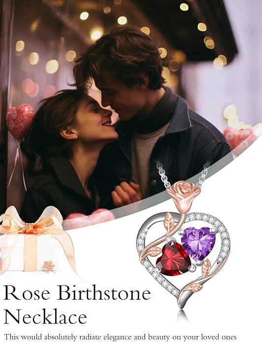 Jewelry for Her Double Heart Rose Birthstone Pendant Necklace Anniversary Jewelry Christmas Birthday Gifts for Women Wife Girlfriend