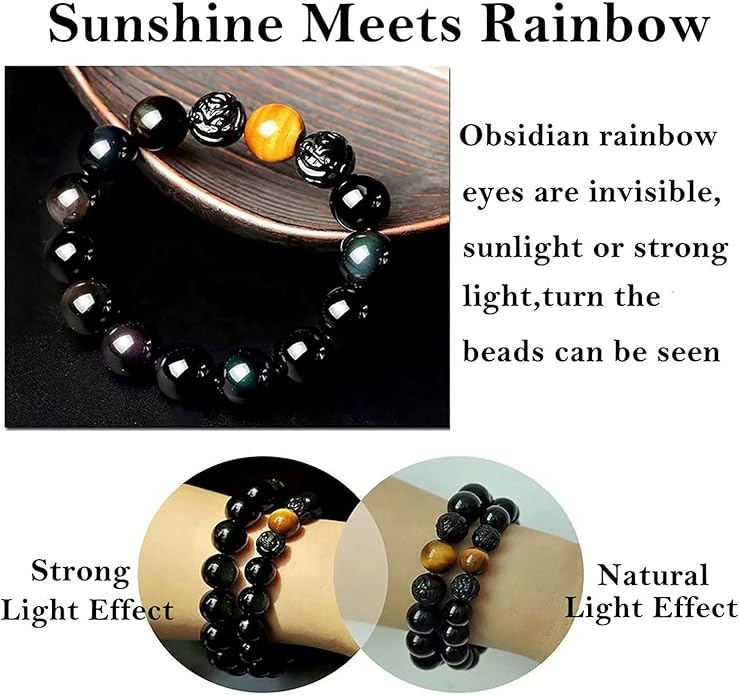 Black Obsidian Bracelet,Feng Shui Black Obsidian Wealth Bracelet for Women Men Couples Handmade Stretch Obsidian Bracelet Bangle with Carved Pixiu Tiger Eye Stone Attract Wealth Money and Good Luck