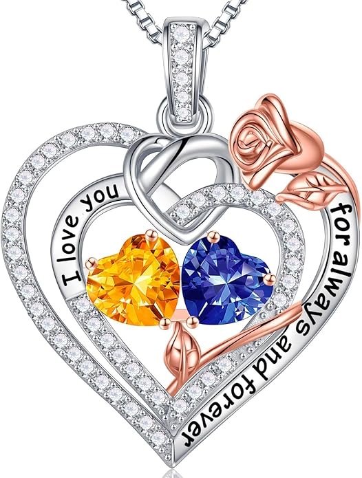 Iefil Rose Heart Necklace Gifts for Wife Women - 925 Sterling Silver Double Birthstone Necklace, Anniversary Birthday Gifts for Women, Jewelry Gift for Wife Girlfriend Mom Her