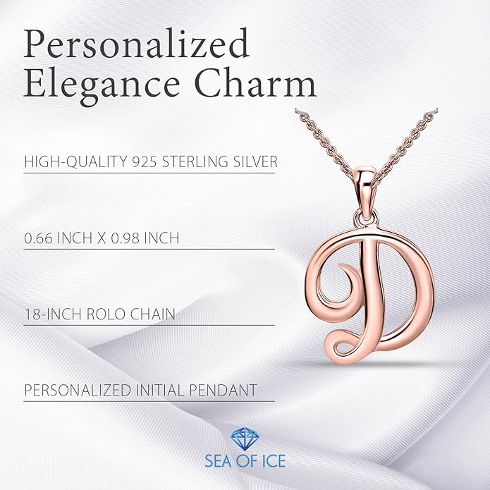 SEA OF ICE Letter Initial Necklace, Alphabet Letter Pendant Necklace, Sterling Silver, Gold, Rose Gold Necklace for Women, Elegant Initial Necklaces, Personalized Custom Women's Necklaces