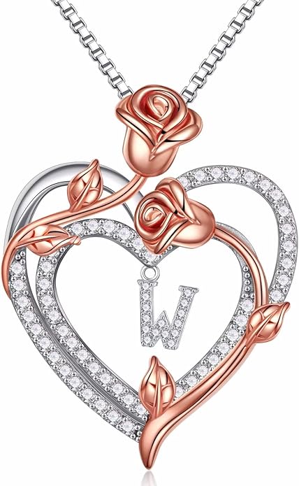 Iefil Rose Heart Necklaces Gifts for Women, 925 Sterling Silver Rose Heart Initial Letter Necklace for Her Mom Wife Girlfriend