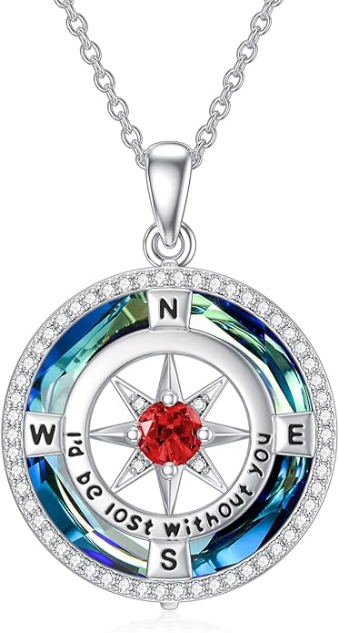 TOUPOP Compass Necklace for Women 925 Sterling Silver I'd be Lost without You Compass Pendant Birthstone Necklaces Anniversary Jewelry Birthday Gift for Girlfriend Wife Graduation Gifts for Her Daugthter