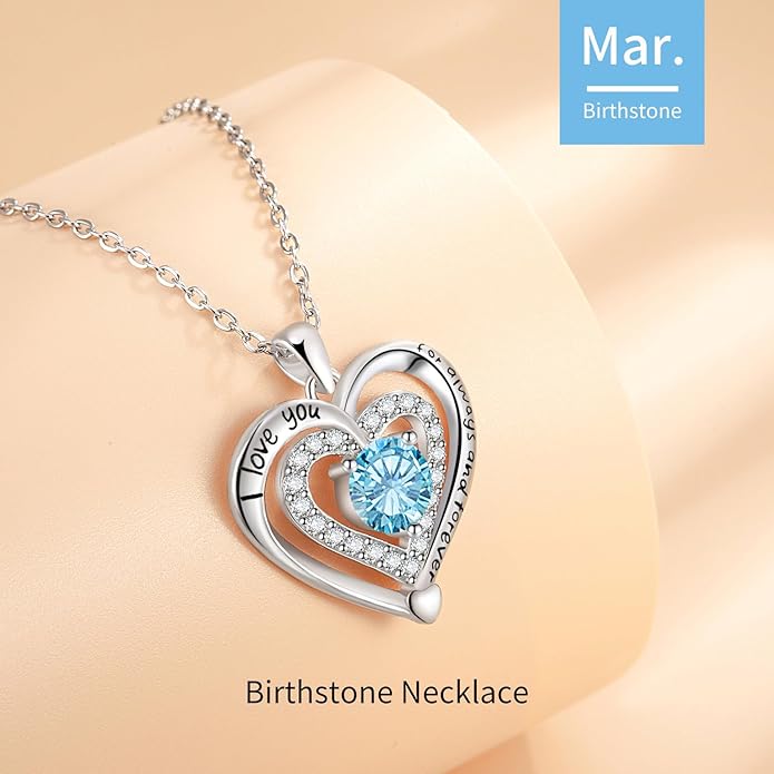 Heart Necklace, I Love You Always & Forever, Birthstone Cubic Zirconia Pendant, Gift for Women