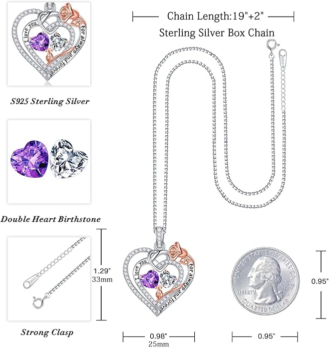 Iefil Rose Heart Necklace Gifts for Wife Women - 925 Sterling Silver Double Birthstone Necklace, Anniversary Birthday Gifts for Women, Jewelry Gift for Wife Girlfriend Mom Her