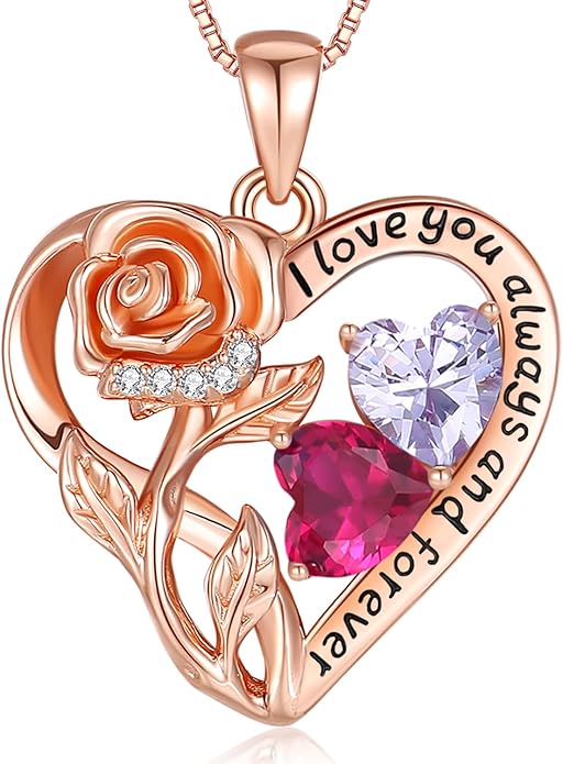 925 Sterling Silver Double Birthstone Rose Flower Heart Jewelry Necklaces for Women Anniversary Love Forever Necklaces for Her Birthday Gifts for Wife Girlfriend Mom Mothers Day Rose Gold