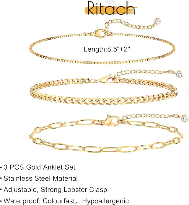 Ritach Ankle Bracelets for Women - Stainless Steel Silver/Gold Anklets for Women Waterproof Layered Cuban Link Figaro Chain Heart Anklets Set Summer Beach Jewelry Gifts
