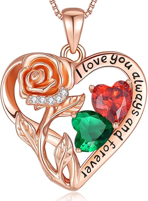 925 Sterling Silver Double Birthstone Rose Flower Heart Jewelry Necklaces for Women Anniversary Love Forever Necklaces for Her Birthday Gifts for Wife Girlfriend Mom Mothers Day Rose Gold