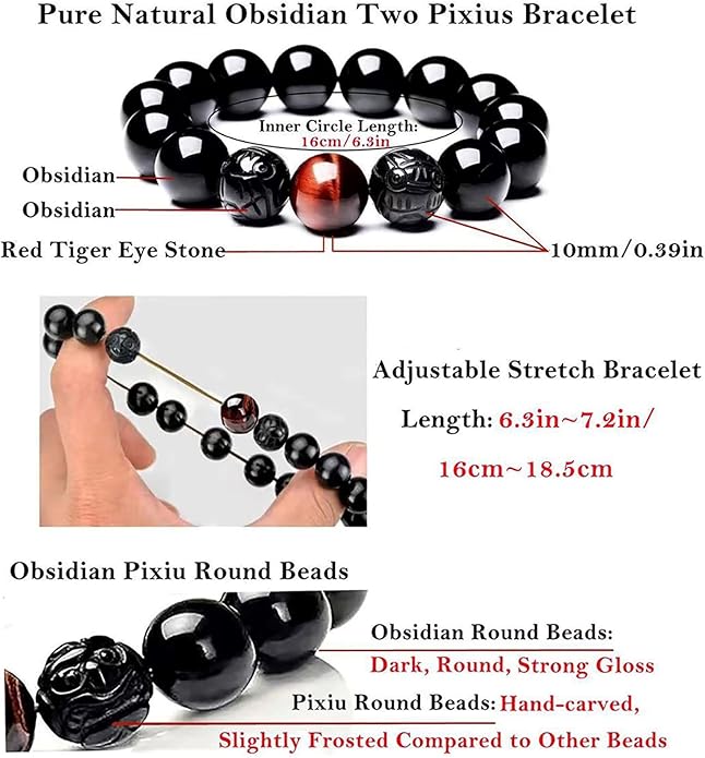 Black Obsidian Bracelet,Feng Shui Black Obsidian Wealth Bracelet for Women Men Couples Handmade Stretch Obsidian Bracelet Bangle with Carved Pixiu Tiger Eye Stone Attract Wealth Money and Good Luck