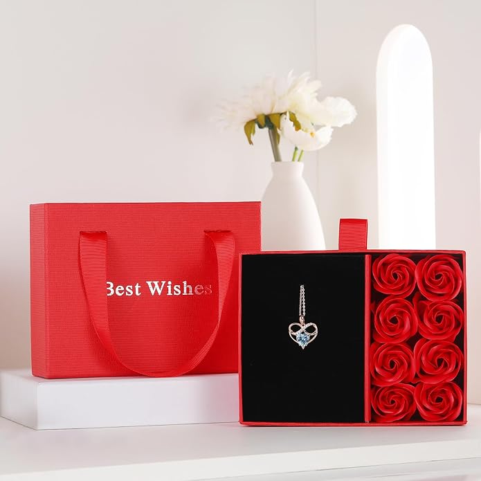 Rose Gold Birthstone Necklaces Heart Birthstone Pendant Necklaces For Women Valentine's Day Mother's Day Anniversary Christmas Gifts