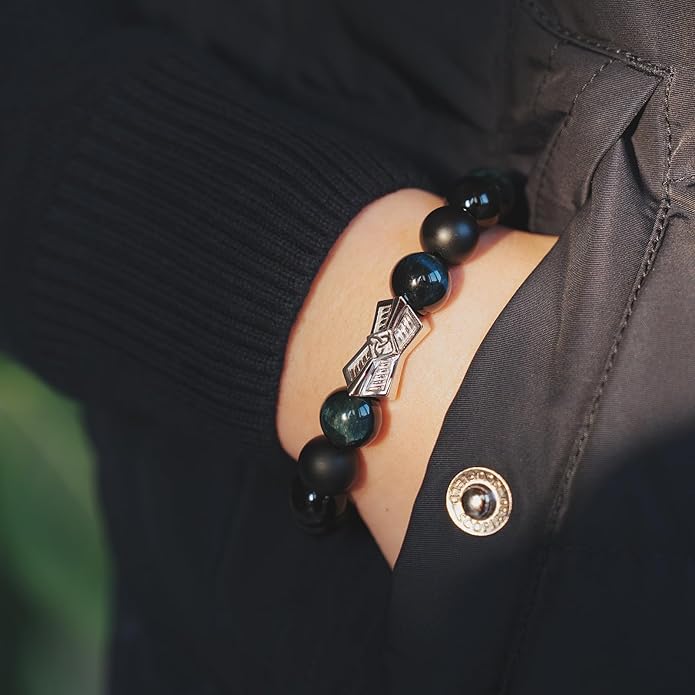 AWNL® Men's Beaded Bracelet with Sterling Silver Engraved Runes Charm 12mm Bronzite Dumortierite Obsidian Natural Gemstone Gift for Men, 6.1''-7.9''