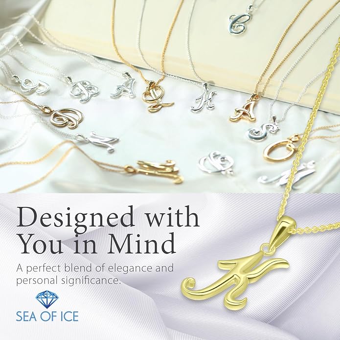 SEA OF ICE Letter Initial Necklace, Alphabet Letter Pendant Necklace, Sterling Silver, Gold, Rose Gold Necklace for Women, Elegant Initial Necklaces, Personalized Custom Women's Necklaces