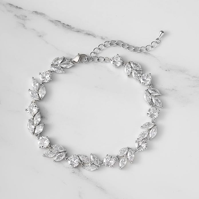 SWEETV Cubic Zirconia Wedding Bridal Bracelet for Brides,Bridesmaids, Silver Crystal Elegant Tennis Bracelet for Women Prom Jewelry Gifts