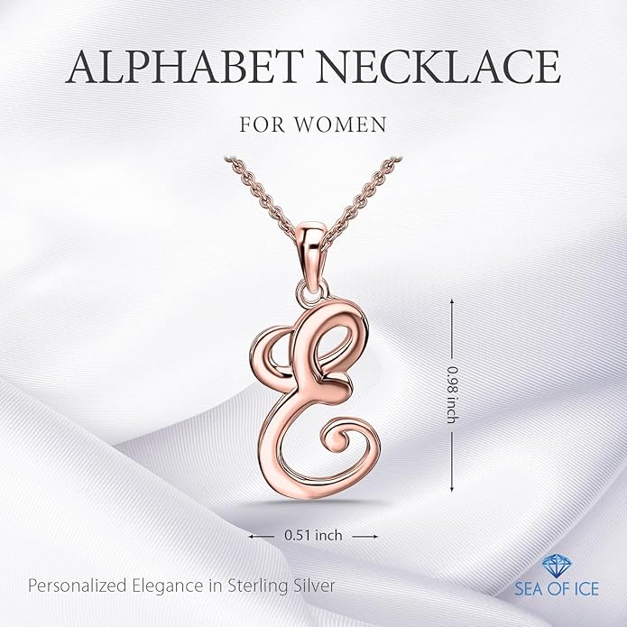 SEA OF ICE Letter Initial Necklace, Alphabet Letter Pendant Necklace, Sterling Silver, Gold, Rose Gold Necklace for Women, Elegant Initial Necklaces, Personalized Custom Women's Necklaces