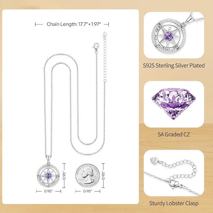 Peeshow Gifts for Women Wife-Compass Birthstone Necklace Gift for Wife Birthday Wedding Anniversary Women Jewelry for Her Girlfriend S925 Sterling Silver
