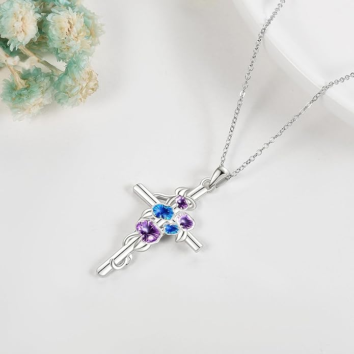 Flower Cross Necklace 925 Sterling Silver Carnation/Rose/Lily/Daisy Cross Necklace Birth Flower Jewelry for Women