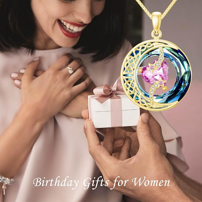 TOUPOP Birthstone Necklace 925 Sterling Silver Moon and Star Pendant with Blue Crystal Celtic Moon Jewelry Birthday Christmas Gifts for Women Mom Wife Her Daughter