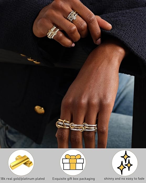 TLY Stackable Gold Rings for Women Non Tarnish 18K Gold Plated Interlocking Ring Stack Set Gold Silver Mixed Metal Statement Rings Dainty Cubic Zirconia CZ Fashion Connected Band Thumb Ring Size 4-11 Jewelry Gift for Women