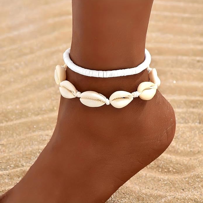 Shell Ankle Bracelet Set for Women, Gold Boho Bead Adjustable Anklet, Hawaiian Beach Seashell Pearl Heart Starfish Conch Foot Jewelry Gifts