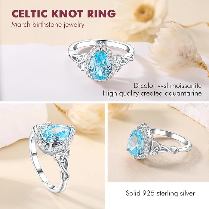 DAYBYDAY Celtic Birthstone Rings for Women 925 Sterling Silver Heart/Round/Pear/Oval Created Gemstone Moissanite Halo Engagement Promise Rings for Her Wife Birthday Anniversary Wedding Jewelry