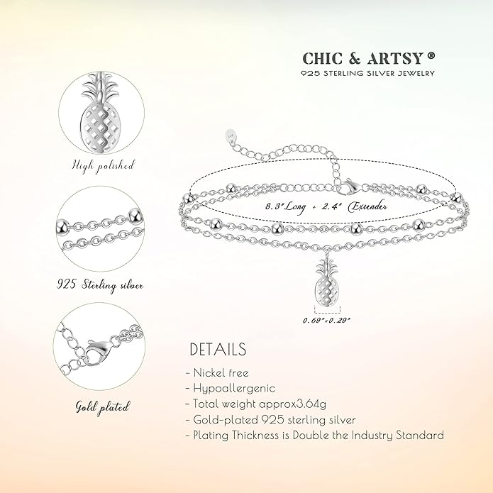 CHIC & ARTSY Womens Sterling Silver Created Opal Layered Anklet Bracelet Dainty Beaded Chain Adjustable 11" Best Friend Anklet