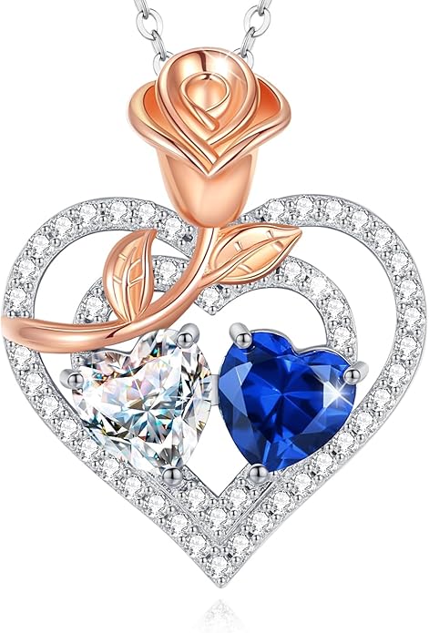 AGVANA Birthstone Necklace for Women Sterling Silver Rose Flower Heart Double Birthstone Jewelry Pendant Necklace Anniversary Birthday Gifts for Women Mom Wife Girlfriend Her