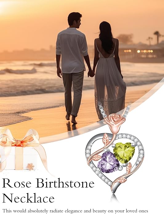 Jewelry for Her Double Heart Rose Birthstone Pendant Necklace Anniversary Jewelry Christmas Birthday Gifts for Women Wife Girlfriend