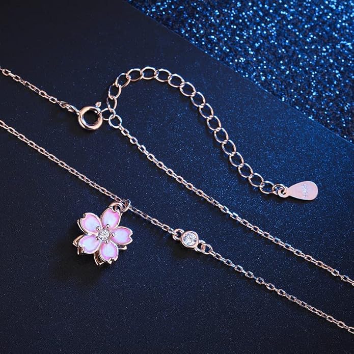 14K Women Gold Flower Chain Necklace,Dainty Sakura Floral Pendant Necklace with Moissanite Diamond,Gift for Mom, Wife, Girlfriend