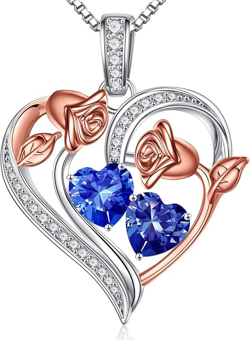 Iefil Birthstone Necklace for Women - 925 Sterling Silver Rose Heart Necklace, Birthstone Jewelry, Anniversary Birthday Gifts for Wife Girlfriend Mom Daughter