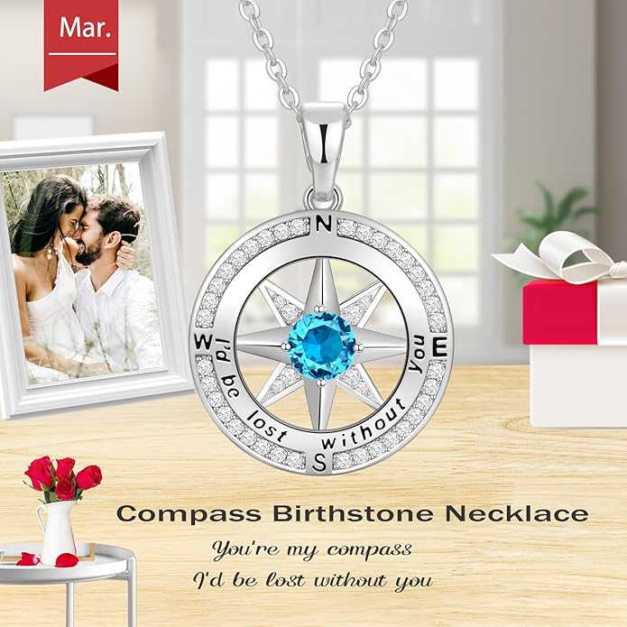 Peeshow Gifts for Women Wife-Compass Birthstone Necklace Gift for Wife Birthday Wedding Anniversary Women Jewelry for Her Girlfriend S925 Sterling Silver