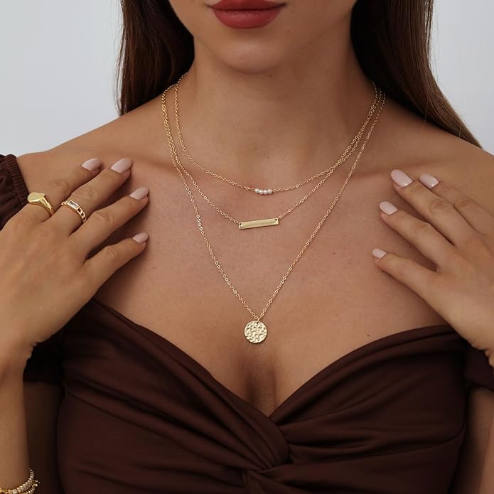 ASCOMY Layered Necklaces for Women Dainty Gold Necklace 14K Gold Plated Herringbone Necklace for Women Pearl Cross Necklace Paperclip Cuban Figaro Rope Satellite Chain Gold Choker Trendy Jewelry Gift