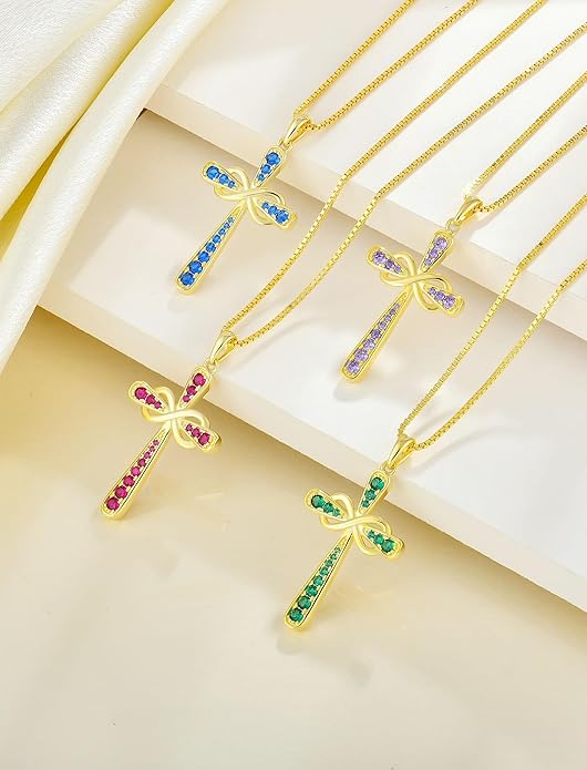 YL 925 Sterling Silver Cross Necklace for Women Halo Infinity Pendant Birthstone Jewelry for Mom