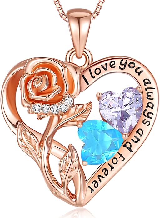925 Sterling Silver Double Birthstone Rose Flower Heart Jewelry Necklaces for Women Anniversary Love Forever Necklaces for Her Birthday Gifts for Wife Girlfriend Mom Mothers Day Rose Gold