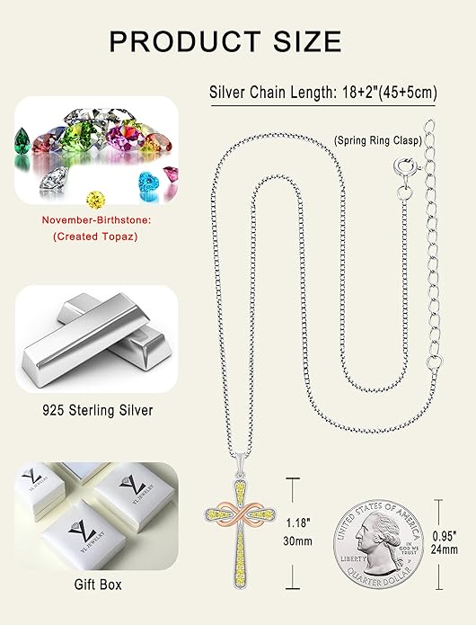 YL 925 Sterling Silver Cross Necklace for Women Halo Infinity Pendant Birthstone Jewelry for Mom