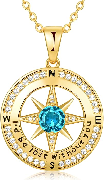 Compass Necklace Gifts for Women wife - S925 Sterling Silver Birthstone Necklaces for Women - Anniversary Birthday Gifts for Her Wife Girlfriend - Valentines Mom Mothers Day Christmas Gifts Jewelry for Women