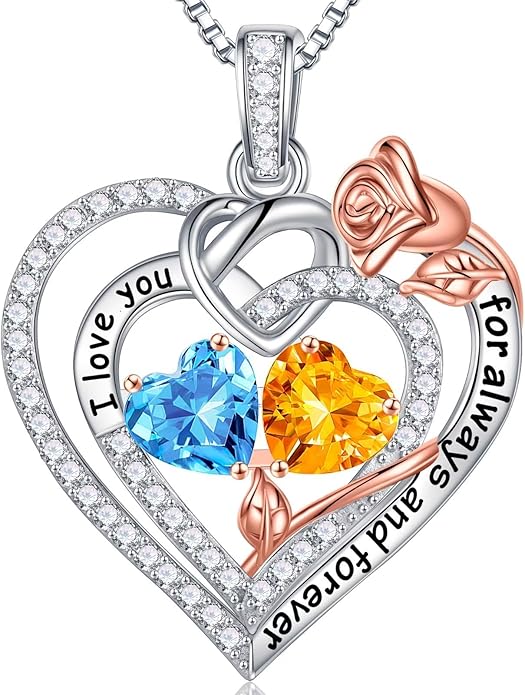 Iefil Rose Heart Necklace Gifts for Wife Women - 925 Sterling Silver Double Birthstone Necklace, Anniversary Birthday Gifts for Women, Jewelry Gift for Wife Girlfriend Mom Her