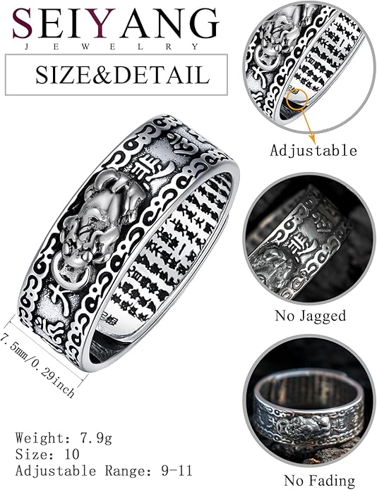 Seiyang Feng Shui Ring 925 Stering Silver Pixiu Mantra Ring Protection Wealth Adjustable Rings Gift for Men Women (with Gift Box)