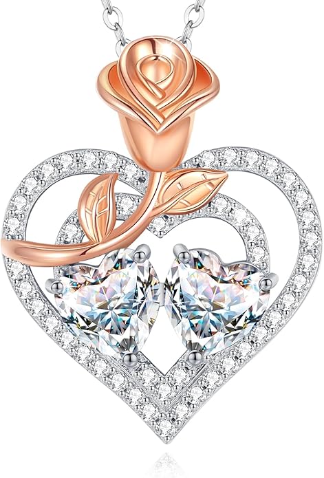 AGVANA Birthstone Necklace for Women Sterling Silver Rose Flower Heart Double Birthstone Jewelry Pendant Necklace Anniversary Birthday Gifts for Women Mom Wife Girlfriend Her