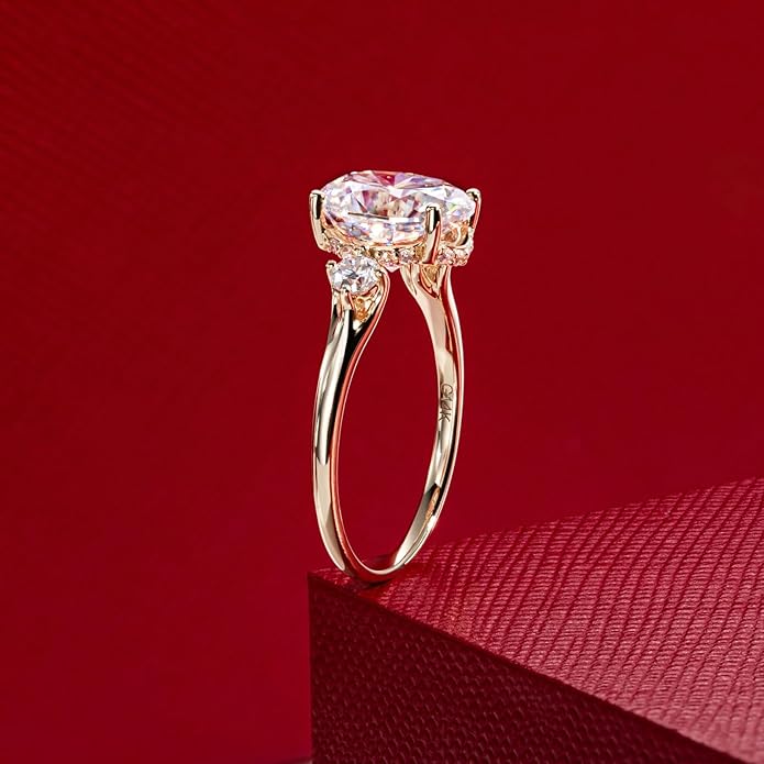 Solid 14K Gold 3.36ct Moissanite Three Stone Rings (3ct Center Stone), Round/Oval/Emerald Shape, Real Gold | D Color and Flawless Moissanite | Wedding Anniversary Ring