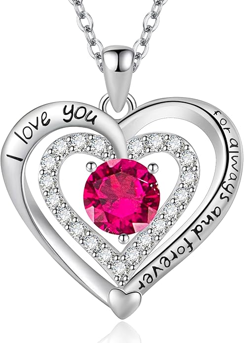 Heart Necklace, I Love You Always & Forever, Birthstone Cubic Zirconia Pendant, Gift for Women